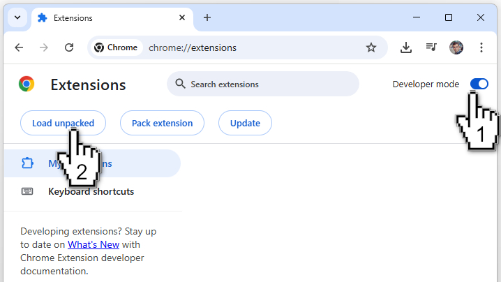 Step 3: Developer mode and Load unpacked